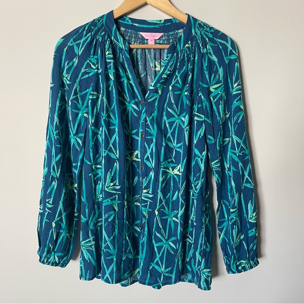 Lilly Pulitzer Tropical Elsa Top XS Button Front Long Sleeve